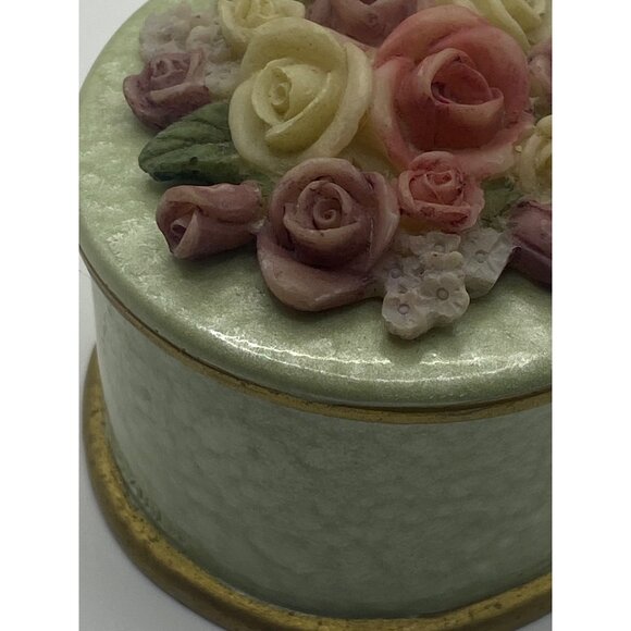 Handcrafted Dezine Floral Ceramic Trinket Box With Lid - Pastel Roses & Gold Tri - Picture 3 of 12